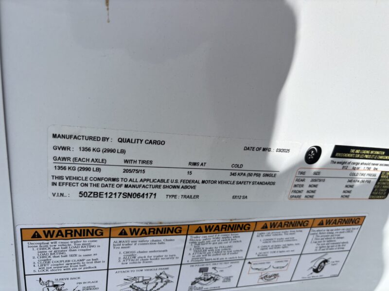 2025 Quality Cargo 6x12 Enclosed Trailer STD Ramp 3K GVWR - Image 11