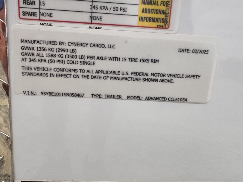 2025 Cynergy 6x10 Enclosed Trailer STD Barn Door 3K GVWR - Image 2