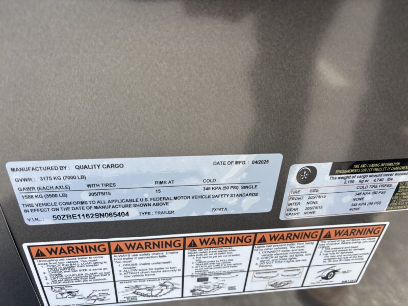 2025 Quality Cargo 7x16 Enclosed STD Blackout Package Ramp 7K - Image 7