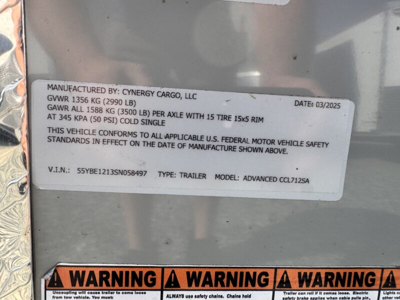2025 Cynergy 7x12 Enclosed Trailer STD Ramp 3.5K GVWR - Image 7