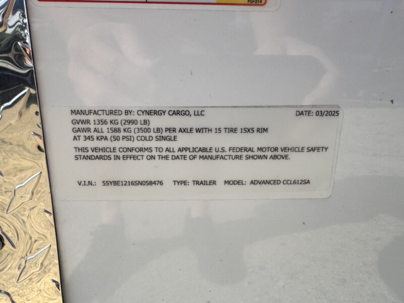2025 Cynergy 6x12 Enclosed Trailer STD Ramp 3K GVWR - Image 2