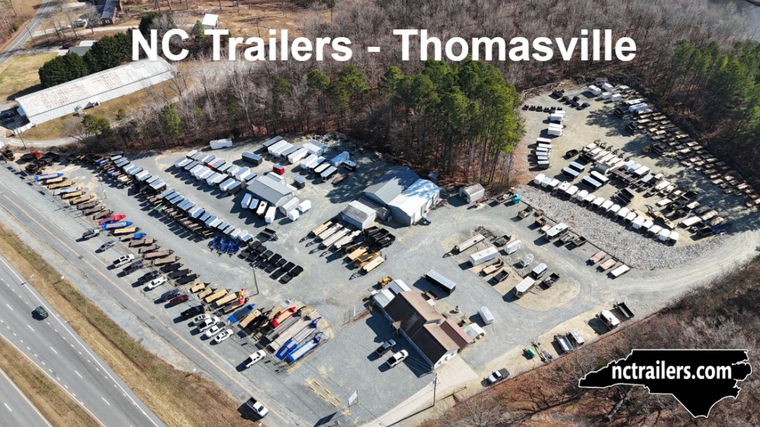 Aerial view of the NC Trailers Thomasville lot filled with trailers