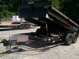 2026 Southland 7x14 heavy duty dump trailer with the bed raised, in stock at NC Trailers in Thomasville NC