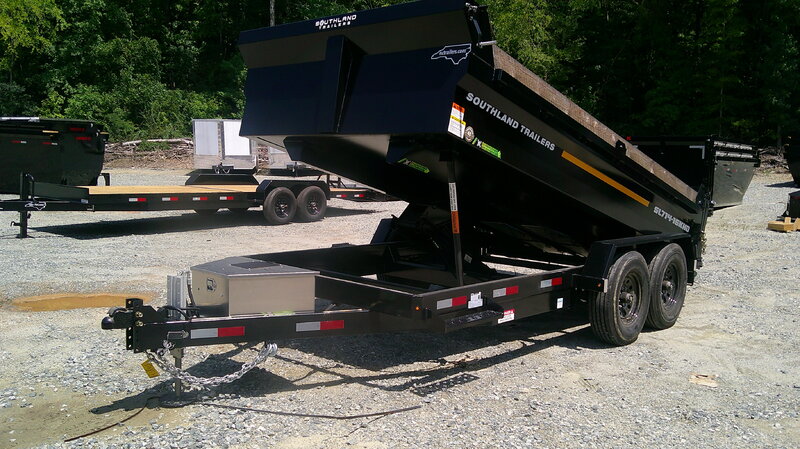 2026 Southland 7x14 heavy duty dump trailer with the bed raised, in stock at NC Trailers in Thomasville NC