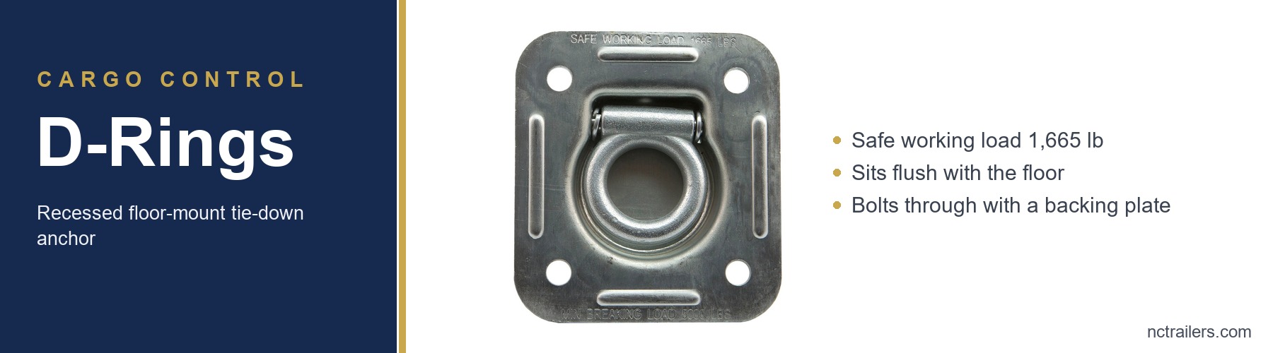 Recessed floor-mount D-ring tie-down anchor stamped with a 1,665 lb safe working load