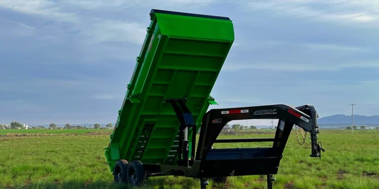 Horizon HZ7 gooseneck dump trailer with the hydraulic dump bed raised