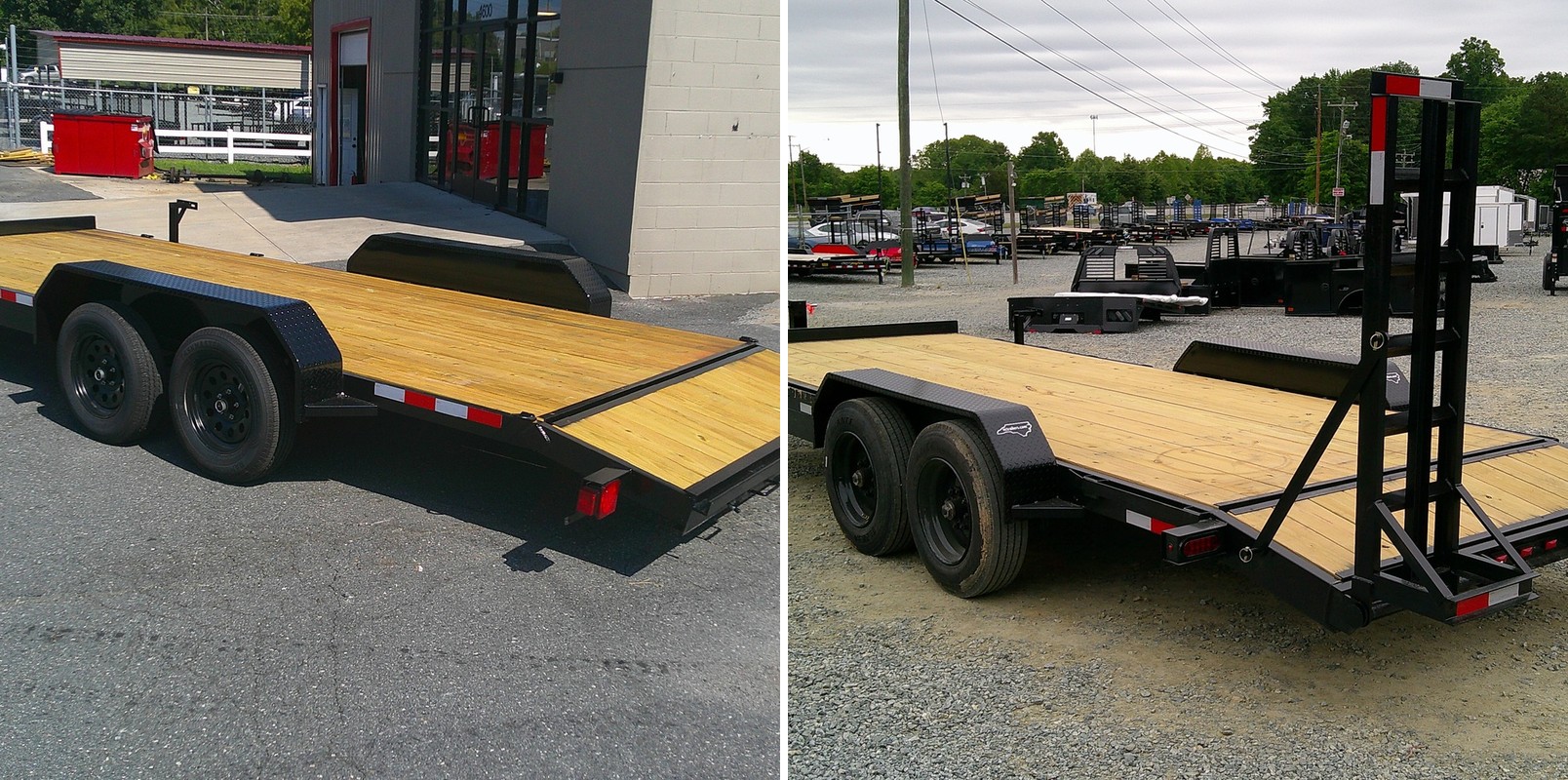A 20-foot car hauler beside a 20-foot equipment trailer, showing the larger wheels, deeper frame and stand-up ladder ramps on the equipment trailer