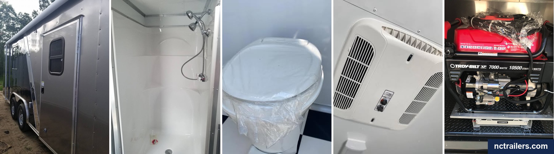 Overnight camping trailer options on an NC Trailers enclosed trailer: charcoal exterior with an RV entry door, a fiberglass shower with fixtures, a toilet, a ceiling air conditioner, and a generator on a slide-out tray