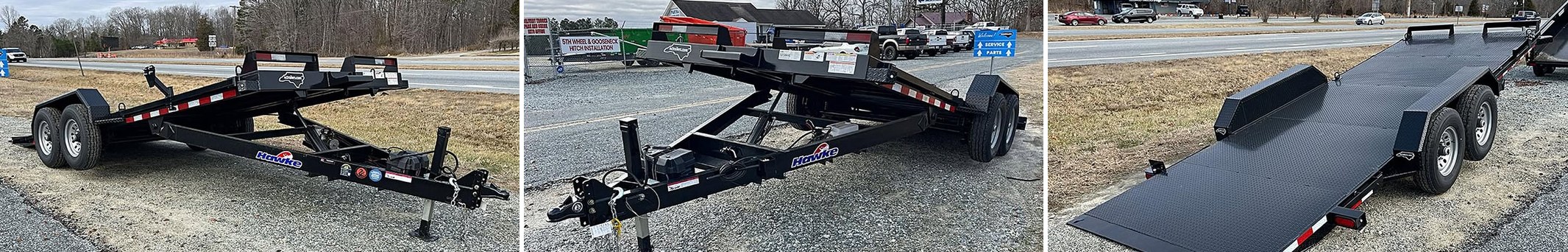 Hawke 7x20 metal-deck power tilt equipment trailer and car hauler on the NC Trailers lot