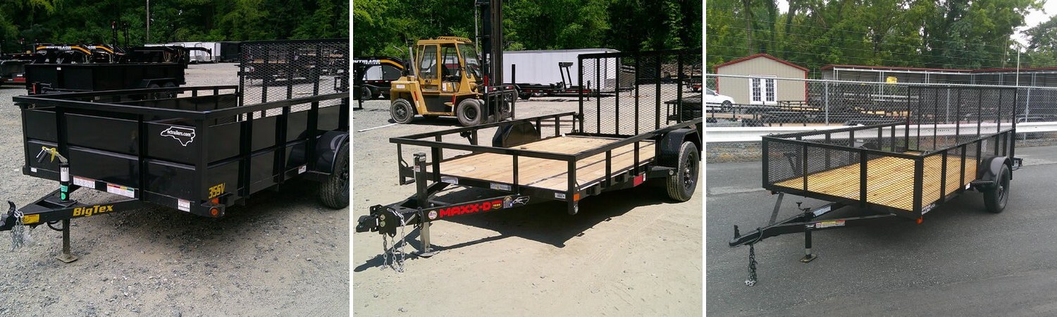 Single-axle utility trailers on the NC Trailers lot
