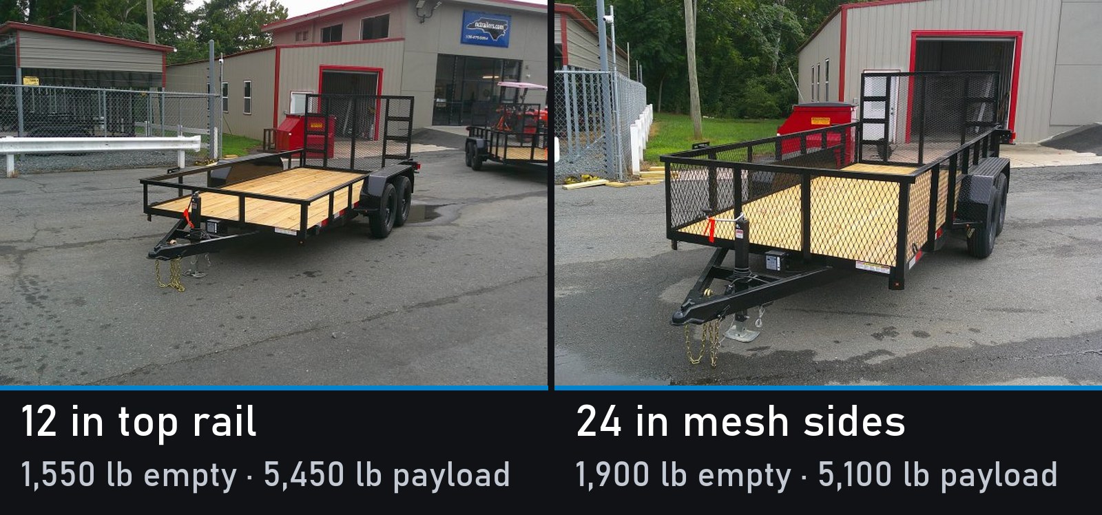 A 12 inch top rail and 24 inch mesh sides on the same 6x14 7K landscape trailer side by side, showing the 350 pound payload difference